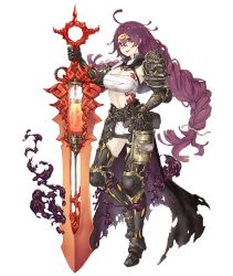 Rule 34 | 1girl, :d, ahoge, armor, armored boots, boots, braid, breasts, cape, dorothy (sinoalice), full body, gauntlets, glasses, grey eyes, hair ornament, hairclip, hand on own hip, holding, holding weapon, huge weapon, ji no, large breasts, long hair, looking at viewer, mask, unworn mask, messy hair, midriff, official art, open mouth, over-rim eyewear, pouch, purple hair, sarong, semi-rimless eyewear, shoulder armor, sinoalice, smile, smoke, solo, sword, tattoo, thigh boots, thighhighs, torn cape, torn clothes, transparent background, very long hair, vial, waist cape, weapon, welding mask