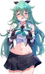 Rule 34 | 1girl, absurdres, aqua eyes, aqua hair, aqua neckerchief, arrow (symbol), bare shoulders, black gloves, blush, body writing, calin, clothes lift, commentary request, cowboy shot, detached sleeves, english text, gloves, hair between eyes, hair ornament, hairclip, heart, highres, kantai collection, lifting own clothes, long bangs, long hair, looking at viewer, midriff, miniskirt, navel, neckerchief, open mouth, school uniform, serafuku, simple background, skirt, sleeveless, smile, solo, stomach, textless version, white background, yamakaze (kancolle), yamakaze kai ni (kancolle)