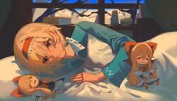 Rule 34 | 1girl, absurdres, alice margatroid, bed, blonde hair, blue eyes, blue shirt, book, bow, closed mouth, collared shirt, commentary, frilled shirt collar, frills, hair bow, hairband, highres, hourai doll, jewelry, kinoko (kino2435006), long sleeves, looking at viewer, lying, medium hair, on side, pillow, pin, puppet rings, red bow, red hairband, ring, shanghai doll, shirt, smile, solo, spindle, spool, touhou, under covers, window