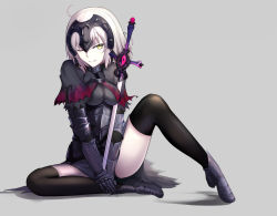 Rule 34 | 1girl, ahoge, armor, besmiled, black thighhighs, boots, breasts, capelet, closed mouth, fate/grand order, fate (series), gauntlets, grey background, grey hair, grin, headpiece, highres, jeanne d&#039;arc (fate), jeanne d&#039;arc alter (avenger) (fate), jeanne d&#039;arc alter (fate), knee up, looking at viewer, medium breasts, parted lips, shadow, short hair, simple background, sitting, smile, solo, sword, thighhighs, thighs, weapon, yellow eyes