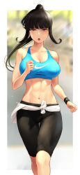 Rule 34 | 1girl, alternate costume, alternate hairstyle, black hair, blue sports bra, blunt bangs, blurry, blurry background, border, breasts, brown eyes, commentary request, exercising, girls und panzer, highres, jogging, large breasts, long hair, mature female, navel, nishizumi shiho, open mouth, outdoors, outside border, pants, ponytail, running, solo, sports bra, sweatband, toned, track pants, wa (genryusui), white border