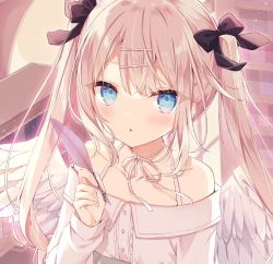 Rule 34 | 1girl, :o, bare shoulders, black bow, blue eyes, blush, bow, brown hair, collarbone, commentary request, feathered wings, hair between eyes, hair bow, hair ornament, hairclip, hand up, holding, hoshi (snacherubi), indoors, long hair, long sleeves, looking at viewer, off-shoulder shirt, off shoulder, original, parted lips, quill, shirt, sleeves past wrists, solo, twintails, upper body, very long hair, white shirt, white wings, wings