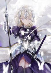 Rule 34 | 1girl, armor, black thighhighs, blonde hair, blue eyes, bug, butterfly, chain, closed mouth, commentary request, cowboy shot, dangmill, fate/apocrypha, fate (series), faulds, gauntlets, half-closed eyes, headpiece, holding, insect, jeanne d&#039;arc (fate), jeanne d&#039;arc (ruler) (fate), long hair, looking down, outdoors, platinum blonde hair, solo, standard bearer, thighhighs