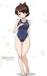 Rule 34 | 1girl, barefoot, black one-piece swimsuit, breasts, brown eyes, brown hair, bubble, collarbone, competition swimsuit, covered navel, dated, full body, hair ribbon, hand on own chest, highres, kantai collection, looking at viewer, masara (chuujou), one-piece swimsuit, ponytail, ribbon, shikinami (kancolle), short hair, simple background, small breasts, solo, standing, swimsuit, twitter username, white background