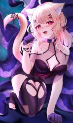 Rule 34 | 1girl, absurdres, ahoge, all fours, animal ear fluff, animal ears, bare shoulders, black thighhighs, blonde hair, breasts, cat ears, cat girl, cat tail, cleavage cutout, clothing cutout, facial mark, fang, gloves, half gloves, heart, heart-shaped pupils, highres, indie virtual youtuber, leotard, long hair, looking at viewer, medium breasts, minoriminoru0, open mouth, paw pose, red eyes, ribbon, second-party source, shoulder cutout, shyrei faolan, skin fang, solo, symbol-shaped pupils, tail, tail ornament, tail ribbon, tentacles, thighhighs, virtual youtuber, whisker markings