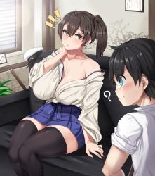 Rule 34 | 1boy, 1girl, bare shoulders, black hair, blue eyes, blush, breasts, brown eyes, brown hair, cleavage, collarbone, couch, hat, highres, japanese clothes, kaga (kancolle), kantai collection, large breasts, little boy admiral (kancolle), moisture (chichi), off shoulder, photo (object), plant, side ponytail, skirt, sweat, thighhighs, translation request, window