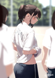 Rule 34 | 3girls, artist name, black pants, blurry, blurry background, blush, brown eyes, brown hair, clothes lift, eyebrows hidden by hair, facing to the side, fence, hand under clothes, hand under shirt, jonsun, midriff peek, multiple girls, original, outdoors, pants, ponytail, shirt, shirt lift, sidelocks, solo focus, sportswear, striped clothes, striped pants, sunlight, t-shirt, track pants, track uniform, tree, twitter username, white shirt
