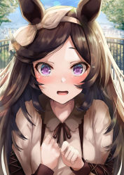 Rule 34 | 1girl, :d, absurdres, animal ears, black hair, blush, bow, casual, clutching chest, commentary request, forehead, hairband, hand on own chest, highres, horse ears, horse girl, lens flare, long hair, long sleeves, looking at viewer, neck ribbon, open mouth, purple eyes, railing, raised eyebrows, ribbon, rice shower (umamusume), shimofuji jun, shirt, smile, solo, sunlight, umamusume, upper body, white bow, white shirt