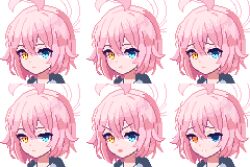 Rule 34 | 1girl, ahoge, blue archive, blue eyes, blush, closed mouth, hair between eyes, halo, heterochromia, hoshino (blue archive), hoshino (young) (blue archive), multiple views, open mouth, pink hair, pink halo, pixel art, short hair, simple background, tinia etru, white background, yellow eyes