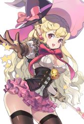 Rule 34 | 1girl, bad id, bad pixiv id, bell, blonde hair, bow, breasts, cleavage, corset, earrings, foreshortening, gloves, hat, jewelry, long hair, original, pointy ears, red eyes, skirt, smile, solo, star (symbol), thighhighs, wand, witch hat, youm, zettai ryouiki