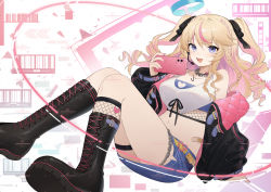 Rule 34 | 1girl, :d, absurdres, bad id, bad pixiv id, bare shoulders, black footwear, black jacket, blonde hair, blue eyes, blue skirt, boots, braid, breasts, cellphone, chain, cleavage, cleavage cutout, clothing cutout, collar, crop top, fishnet legwear, fishnets, heart cutout, highres, holding, jacket, jewelry, knee boots, large breasts, long hair, long sleeves, looking at viewer, midriff, miniskirt, multicolored hair, navel, necklace, off shoulder, open clothes, open jacket, open mouth, original, pencil skirt, phone, puffy sleeves, revealing clothes, shibuya (kurokamishain), shirt, skirt, sleeveless, sleeveless shirt, smartphone, smile, solo, stomach, streaked hair, thigh gap, thighs, two side up, white shirt