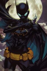 1girl abs batarang batgirl batman_(series) batman_symbol belt black_cape bodysuit cape cassandra_cain covered_abs cowl dc_comics highres looking_at_viewer mask moon muscular muscular_female night solo standing stanley_lau stitches superhero_costume utility_belt