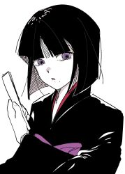 Rule 34 | 1boy, black hair, black kimono, blunt bangs, hand fan, highres, holding, holding fan, hunter x hunter, japanese clothes, kalluto zoldyck, kimono, long sleeves, looking at viewer, male focus, mole, mole under mouth, obi, purple eyes, sash, short hair, simple background, upper body, wfwfwtf, white background