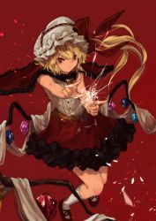 Rule 34 | 1girl, adapted costume, berabou, blonde hair, broken glass, cape, finger gun, flandre scarlet, frilled skirt, frills, glass, glass shards, hair between eyes, hand up, hat, hat ribbon, highres, kneehighs, light particles, long hair, looking at viewer, mob cap, ponytail, pov, red footwear, red pupils, red skirt, ribbon, ribbon-trimmed legwear, ribbon trim, serious, shirt, shoes, short hair, side ponytail, skirt, sleeveless, sleeveless shirt, slit pupils, socks, solo, touhou, white shirt, white socks, wings