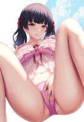 Rule 34 | 1girl, absurdres, bikini, black hair, blunt bangs, brown eyes, closed mouth, cloud, collarbone, from below, hair ribbon, hand on own crotch, highres, idolmaster, idolmaster shiny colors, knees up, light smile, looking at viewer, looking down, low twintails, mayuzumi fuyuko, momi yuro, navel, pink bikini, plaid, plaid bikini, pussy juice stain, red ribbon, ribbon, sitting, solo, swimsuit, thighs, twintails
