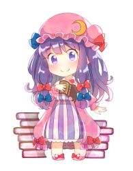 Rule 34 | 1girl, blue bow, blue ribbon, bogyaku no m, book, book stack, bow, chibi, coat, crescent, crescent hair ornament, dress, footwear bow, frilled hat, frills, full body, hair bow, hair ornament, hair ribbon, hat, hat ribbon, long hair, long sleeves, looking at viewer, mob cap, no nose, patchouli knowledge, pink coat, pink footwear, pink hat, purple dress, purple eyes, purple hair, red bow, red ribbon, ribbon, shoes, sidelocks, simple background, smile, solo, striped clothes, striped dress, touhou, tress ribbon, white background