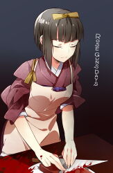 Rule 34 | 1girl, alternate color, apron, black hair, blood, bloody knife, bow, butchering, claudia kurosaki, closed eyes, closed mouth, commentary request, copyright name, hair bow, japanese clothes, kimono, knife, lowres, red kimono, rose guns days, short hair, sleeves past elbows, smile, solo, towa1, white apron, yellow bow