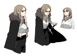Rule 34 | 1girl, black cape, black pants, brown hair, cape, closed mouth, collared shirt, cropped legs, gogalking, grey eyes, holding, holding sword, holding weapon, leonir (gogalking), long hair, looking at viewer, multiple views, original, pants, parted lips, popped collar, shirt, simple background, sword, weapon, white background, white shirt, wing collar