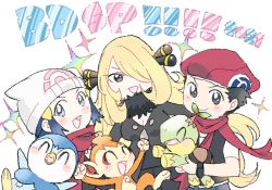 Rule 34 | 1boy, 2girls, :d, bad id, bad pixiv id, beanie, black hair, blonde hair, blush stickers, chimchar, closed mouth, commentary request, copyright name, creatures (company), cynthia (pokemon), dawn (pokemon), fur collar, game freak, gen 4 pokemon, grey eyes, hair ornament, hat, holding, holding pokemon, looking at viewer, lucas (pokemon), mope, multiple girls, nintendo, open mouth, piplup, pokemon, pokemon (creature), pokemon bdsp, pokemon dppt, red headwear, red scarf, scarf, short hair, short sleeves, smile, sparkle, starter pokemon trio, turtwig, white headwear