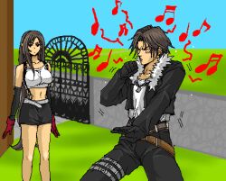 Rule 34 | 1boy, 1girl, :o, beatboxing, belt, black gloves, black jacket, black pants, black skirt, blue sky, blush, brown belt, brown hair, check commentary, closed eyes, commentary, commentary request, crop top, cropped jacket, dancing, day, elbow gloves, final fantasy, final fantasy vii, final fantasy viii, fur-trimmed jacket, fur trim, gate, gloves, grass, in-franchise crossover, jacket, jewelry, layered gloves, long hair, looking at another, low-tied long hair, lowres, miniskirt, multiple belts, musical note, necklace, open clothes, open jacket, outdoors, pants, parted bangs, popochan-f, red gloves, shirt, short hair, sidewalk, skirt, sky, spoken musical note, squall leonhart, standing, stone wall, suspenders, thigh strap, tifa lockhart, upper body, very long hair, wall, white belt, white shirt