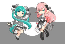 Rule 34 | 2girls, arm up, blush, bun cover, chibi, closed mouth, double bun, full body, grey background, hair between eyes, hair bun, hatsune miku, knees together feet apart, long hair, long sleeves, looking at viewer, megurine luka, multiple girls, pink hair, project diva (series), shirt, skirt, sleeveless, sleeveless shirt, smile, spot color, standing, standing on one leg, tomiro, twintails, ura-omote lovers (vocaloid), very long hair, vocaloid, white background, wowaka
