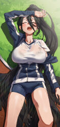 Rule 34 | 1girl, absurdres, arm up, black hair, black wings, blue archive, blue jacket, bra visible through clothes, breasts, closed eyes, day, exhausted, gym shirt, gym shorts, gym uniform, hasumi (blue archive), hasumi (track) (blue archive), highres, jacket, jhigf, large breasts, long hair, low wings, lying, official alternate costume, on back, on grass, open mouth, outdoors, partially unzipped, running track, see-through, see-through shirt, shirt, shorts, solo, sweat, track jacket, wings