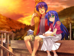 Rule 34 | 00s, 1boy, 1girl, :d, ^ ^, bag, blue hair, blurry, blush, building, chimney, closed eyes, closed mouth, closed umbrella, collarbone, crossed ankles, depth of field, dress, father and daughter, flower, green eyes, hair between eyes, hand on another&#039;s shoulder, hat, hat flower, hat ribbon, holding, holding clothes, holding hat, holding umbrella, izumi kanata, izumi soujirou, jacket, long dress, long hair, looking at another, lucky star, mole, mole under eye, mountain, mutsuki (moonknives), open clothes, open jacket, open mouth, outdoors, purple hair, railing, ribbon, shoes, short sleeves, shorts, side-by-side, sitting, sky, smile, sun, sun hat, sundress, sunset, tree, umbrella, unworn hat, unworn headwear, wallpaper, white dress, white footwear, white hat