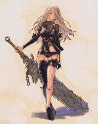 Rule 34 | 1girl, android, black flower, black footwear, blue eyes, blush, chain, closed mouth, eyelashes, fingernails, floral print, flower, greatsword, grey hair, gusty10rk, hair between eyes, highres, holding, holding sword, holding weapon, long eyelashes, long hair, mole, mole under mouth, nier (series), nier:automata, nier reincarnation, pink lips, planted, planted sword, planted weapon, reverse grip, see-through, shiny skin, solo, standing, sword, torn, torn clothes, torn legwear, weapon, yorha, a2 (nier:automata)