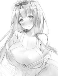 Rule 34 | 1girl, blush, breasts, character request, cleavage, clothes down, copyright request, greyscale, hair ribbon, headdress, inayama, large breasts, long hair, looking at viewer, monochrome, one-piece swimsuit, original, ribbon, sketch, solo, swimsuit