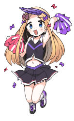 Rule 34 | 1girl, :d, abigail williams (fate), arm up, bare shoulders, bow, brynhildr (cheer for master) (fate), brynhildr (fate), cheerleader, fate/grand order, fate (series), full body, hair bow, hand up, hat, highres, holding, holding pom poms, kneehighs, lakilolom, long hair, looking at viewer, miniskirt, multiple hair bows, navel, open mouth, parted bangs, pink bow, pleated skirt, pom pom (cheerleading), pom poms, purple bow, purple hat, simple background, skirt, smile, socks, solo, tank top, very long hair, visor cap, white background, white socks