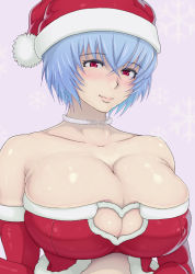 Rule 34 | 1girl, alternate breast size, ao madoushi, ayanami rei, blush, breasts, bursting breasts, choker, cleavage cutout, clothing cutout, elbow gloves, gloves, hair between eyes, hat, heart, heart cutout, huge breasts, lips, neon genesis evangelion, pale skin, red eyes, red hat, santa hat, short hair, solo