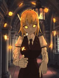 Rule 34 | 1girl, blonde hair, blurry, blurry background, coin, collared shirt, commentary, cowboy shot, english commentary, floating, floating object, gloves, glowing, glowing eyes, gold coin, highres, long sleeves, looking at viewer, original, pencil skirt, pointing, pointing down, saku ram, shirt, short hair, skirt, solo, vest, white gloves