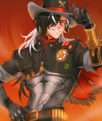 Rule 34 | 1boy, artist name, belt, belt buckle, black hair, black hat, black jacket, boothill (honkai: star rail), brown belt, buckle, bullet earrings, cape, chalseu, commentary, cowboy hat, cropped jacket, crosshair pupils, cyborg, earrings, english commentary, grey eyes, grin, hair over one eye, hand on headwear, hand on own hip, hand up, hat, hat feather, hat tip, highres, honkai: star rail, honkai (series), jacket, jewelry, long hair, looking at viewer, male focus, mole, mole under eye, multicolored hair, multiple moles, one eye covered, orange background, parted bangs, partially unzipped, police badge, red cape, red pupils, sharp teeth, short sleeves, sidelocks, simple background, smile, solo, streaked hair, symbol-shaped pupils, teeth, v-shaped eyebrows, white hair, zipper, zipper pull tab