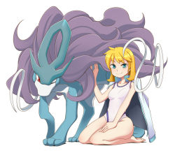 Rule 34 | 1girl, bare legs, breasts, cowboy shot, creatures (company), game freak, gen 2 pokemon, green eyes, jacket, legendary pokemon, legs, legs together, looking at viewer, misty (pokemon), nintendo, one-piece swimsuit, orange hair, pokemon, pokemon (creature), pokemon hgss, suicune, swimsuit, thighs, water, waves, white one-piece swimsuit, yassy (yasikoz2008)