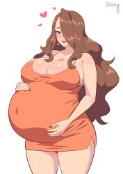 Rule 34 | 1girl, artist name, big belly, blush, breasts, brown hair, cleavage, closed mouth, dress, green eyes, hair over one eye, heart, large breasts, lips, lipstick, long hair, makeup, mature female, nose blush, orange dress, original, outie navel, pregnant, simple background, smile, standing, tzuyin hsieh, white background, zheng