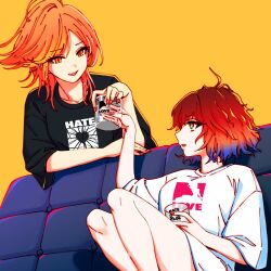 Rule 34 | 2girls, akroglam, black shirt, cava (akroglam), commentary request, couch, cup, drinking glass, hand up, highres, holding, holding cup, knees up, long hair, looking at another, multicolored hair, multiple girls, nail polish, official art, on couch, open mouth, orange hair, profile, red hair, red nails, second-party source, shirt, short hair, short sleeves, sitting, smile, spitha, t-shirt, white shirt, yellow background