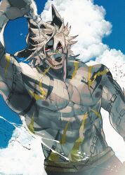 Rule 34 | 1boy, abs, animal ears, armpits, bara, blue sky, bottle, cloud, cloudy sky, commentary, dog boy, dog ears, fang, furry, furry male, highres, holding, holding bottle, licking lips, looking at viewer, male focus, ohayashi55, pectorals, q&#039;ursha (housamo), red eyes, seductive smile, sky, smile, tokyo houkago summoners, tongue, tongue out, topless male, water bottle, wet, white hair