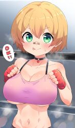 Rule 34 | 1girl, :p, absurdres, bandaid, bandaid on face, bandaid on nose, bike shorts, black choker, blonde hair, boxing ring, breasts, choker, fingerless gloves, freckles, gloves, green eyes, highres, large breasts, okura-chan (at nya5), oppai loli, original, pink sports bra, red gloves, short hair, solo, sports bra, teeth, toned, toned female, tongue, tongue out, underboob, upper body, upper teeth only