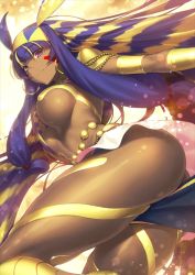 Rule 34 | 1girl, ass, blonde hair, blue hair, breasts, dark-skinned female, dark skin, earrings, egyptian, egyptian clothes, facial mark, fate/grand order, fate (series), hairband, jewelry, large breasts, loincloth, long hair, multicolored hair, nitocris (fate), nitocris (third ascension) (fate), official art, purple eyes, revealing clothes, shima udon, smile, solo, two-tone hair, underboob