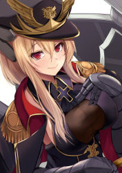 Rule 34 | 1girl, bad id, bad pixiv id, blonde hair, blue oath, blush, breasts, cloak, collared shirt, cross, cross necklace, gauntlets, gold trim, hair between eyes, hand on breast, hat, highres, jewelry, kanzaki kureha, large breasts, long hair, looking at viewer, military, military hat, military uniform, necklace, peaked cap, prinz eugen (blue oath), red eyes, shirt, simple background, smile, solo, tagme, uniform
