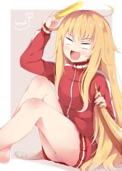 Rule 34 | &gt;:d, 10s, 1girl, :d, artist name, blank eyes, blonde hair, blush, from side, gabriel dropout, gabriel tenma white, grey background, hair between eyes, halo, head tilt, highres, holding, horns, jacket, long hair, long sleeves, messy hair, nahaki, no pants, open mouth, outside border, panties, pantyshot, sin-poi, single horn, sitting, smile, solo, track jacket, underwear, v-shaped eyebrows, very long hair, white panties, zipper