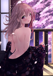 Rule 34 | 1girl, :d, ahoge, ass, back, bare shoulders, black kimono, blush, brown hair, butt crack, cherry blossoms, commentary request, floral print, hair between eyes, indoors, japanese clothes, kimono, long hair, looking at viewer, looking back, open mouth, original, petals, print kimono, purple eyes, sasahara wakaba, shoulder blades, sidelocks, smile, solo, standing