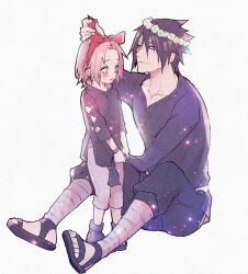 Rule 34 | 1boy, 1girl, age difference, arm up, black hair, black pants, black shirt, boruto: naruto next generations, bow, bow hairband, full body, green eyes, grey pants, hair bow, hairband, haruno sakura, height difference, heterochromia, highres, long sleeves, looking at another, missing limb, naruto, naruto (series), pants, pink hair, red bow, red hairband, rinnegan, shirt, short hair, simple background, sitting, spiked hair, spoilers, standing, suzu (tg 390), time paradox, uchiha sasuke, white background