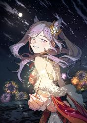 1girl absurdres animal_ears cloud cone_hair_bun earrings fake_animal_ears fireworks flower genshin_impact hair_bun hair_flower hair_ornament highres honlo japanese_clothes jewelry keqing_(genshin_impact) long_hair looking_at_viewer moon night night_sky sky smile solo sparkler star_(sky) starry_sky