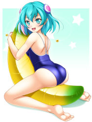 Rule 34 | 1girl, :d, ass, bad id, banana boat, blue eyes, blue hair, blue one-piece swimsuit, blush, breasts, competition school swimsuit, full body, hagoromo lala, hair ornament, looking at viewer, medium breasts, medium hair, multicolored hair, narutaki shin, one-piece swimsuit, open mouth, pointy ears, precure, riding, school swimsuit, shiny clothes, shoulder blades, smile, soles, solo, star-shaped pupils, star (symbol), star twinkle precure, streaked hair, swimsuit, symbol-shaped pupils