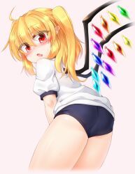 Rule 34 | 1girl, ahoge, ass, blush, buruma, fang, feet out of frame, flandre scarlet, from behind, gym shirt, gym shorts, gym uniform, hair between eyes, highres, long hair, looking at viewer, looking back, marukyuu ameya, multicolored wings, no headwear, open mouth, pointy ears, puffy short sleeves, puffy sleeves, red eyes, shirt, short sleeves, shorts, side ponytail, simple background, skin fang, solo, touhou, white shirt, wings