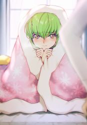 Rule 34 | 1girl, blanket, blanket hug, blurry, blurry background, blush, c.c., code geass, creayus, floral print, green hair, out of frame, quilt, solo, tearing up, window, yellow eyes