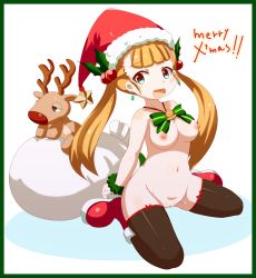 Rule 34 | 1girl, amagasane, arms behind back, bell, black thighhighs, blonde hair, blush, boots, border, breasts, christmas, earrings, green eyes, hair bobbles, hair ornament, hat, jewelry, jingle bell, large breasts, long hair, merry christmas, navel, nipples, nude, open mouth, original, pussy, reindeer, ribbon, sack, santa boots, santa hat, sitting, smile, solo, star (symbol), stuffed animal, stuffed toy, thighhighs, twintails, uncensored, wariza, wrist cuffs