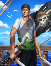 Rule 34 | 1boy, artist name, bandana, black bandana, blood, blood on clothes, blood on face, closed mouth, cloud, cloudy sky, commentary, day, dual wielding, earrings, english commentary, flag, green hair, highres, holding, holding sword, holding weapon, jewelry, jolly roger, katana, male focus, one piece, outdoors, realistic, roronoa zoro, shirt, short hair, short sleeves, signature, single earring, skull and crossbones, sky, solo, sword, tommy worthington, weapon, white shirt