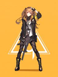 Rule 34 | 1girl, :3, arm above head, armband, bad id, bad twitter id, bag, black bow, black gloves, black legwear, boots, bow, brown hair, cross-laced footwear, dlalsrl03131, fingerless gloves, full body, girls&#039; frontline, gloves, gun, h&amp;k ump, h&amp;k ump, hair bow, heckler &amp; koch, highres, hood, hood down, hooded jacket, jacket, knee pads, lace-up boots, legs apart, long hair, looking at viewer, purple eyes, scar, scar across eye, scar on face, shoulder bag, skirt, solo, standing, submachine gun, suppressor, triangle, trigger discipline, twintails, ump9 (girls&#039; frontline), v, weapon, wide stance, yellow background
